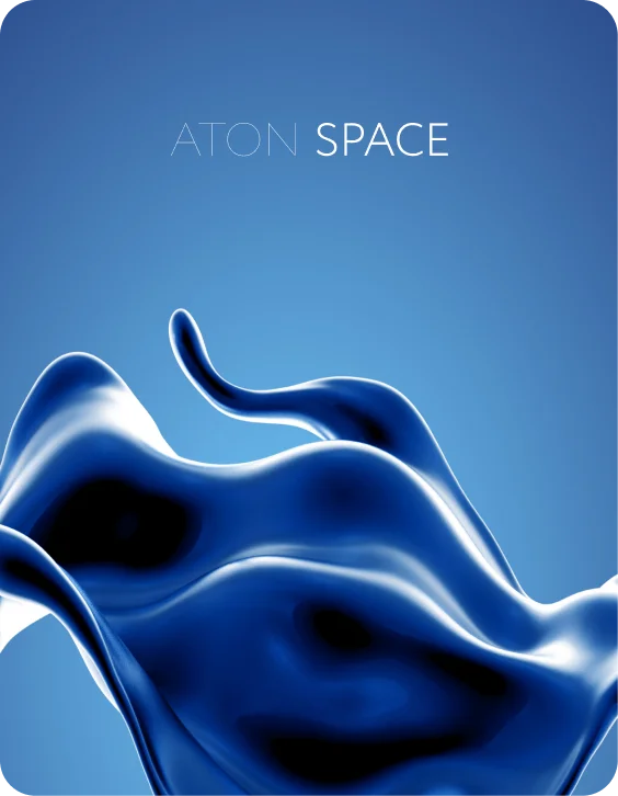 Брендовая пластина ATON Space: жидкая 3D-волна синего металла под логотипом