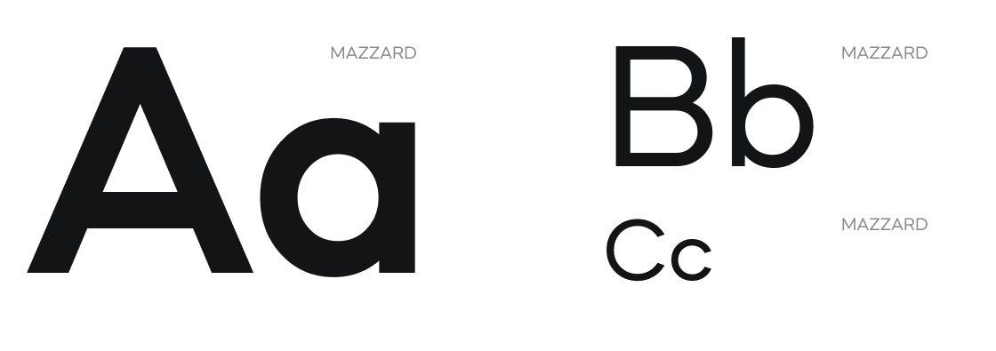 Спесимен шрифта Mazzard для Axevil: крупные пары букв Aa, Bb, Cc на белом листе
