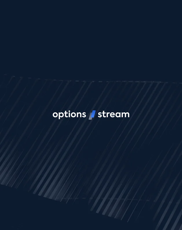 Тёмная обложка айдентики OptionStream: белый логотип с синим слешем на нейви со штриховкой
