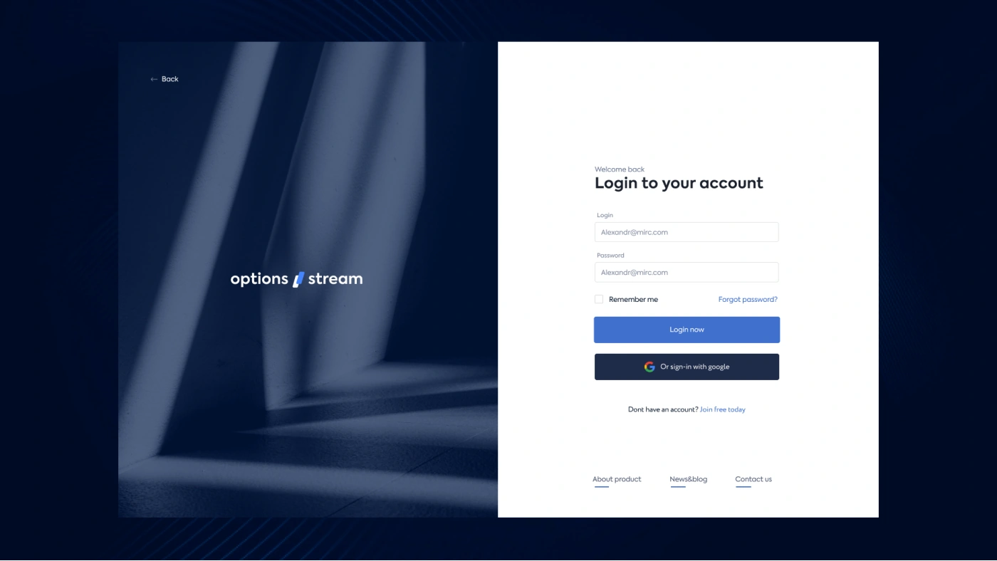 Тёмно-синий экран входа OptionStream: форма логина и диагональные лучи света