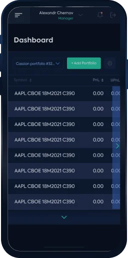 Мобильное приложение OptionStream: дашборд портфеля со списком позиций AAPL CBOE