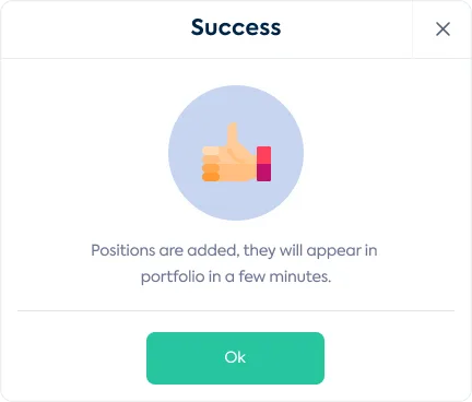 Модальное окно Success: позиции добавлены и появятся в портфеле