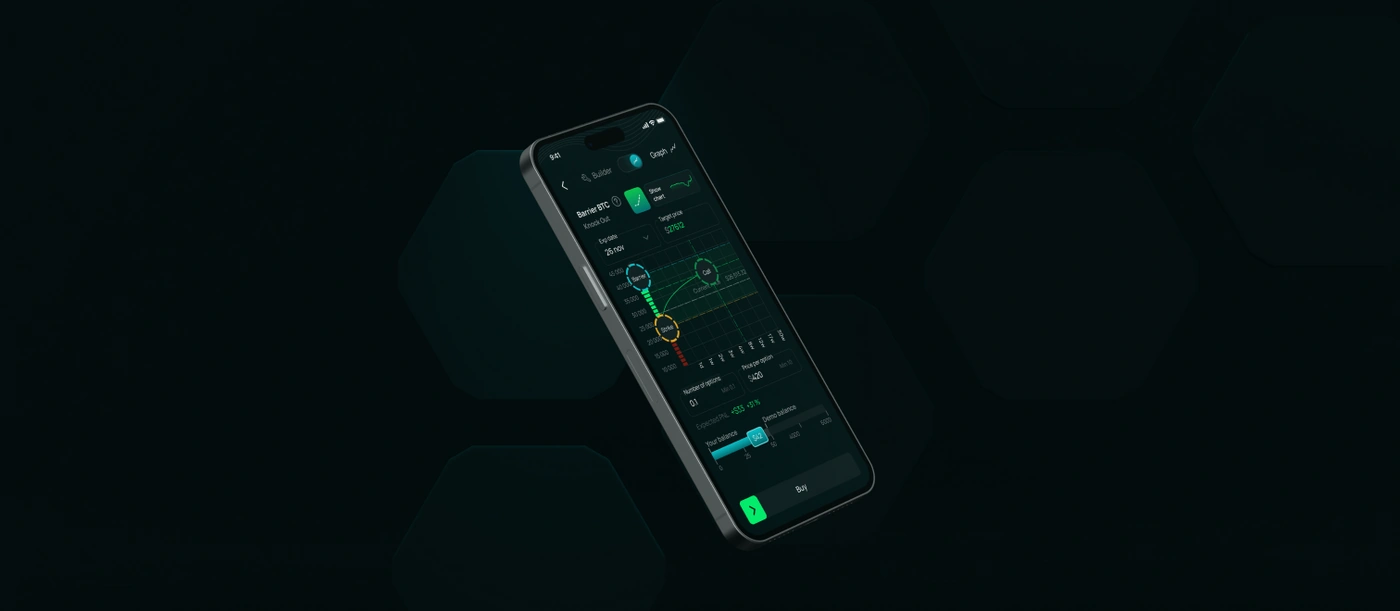 Телефон Phinom с неоновым графиком опциона парит на тёмно-зелёном фоне с шестигранниками