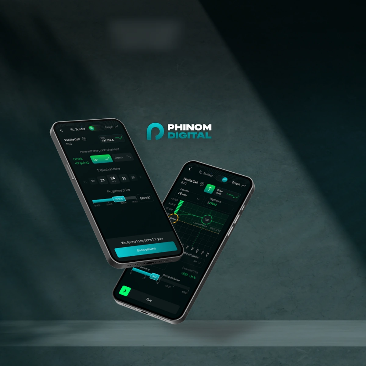 Два телефона Phinom с builder сделки и графиком опциона в неоново-мятной палитре на зелёном камне