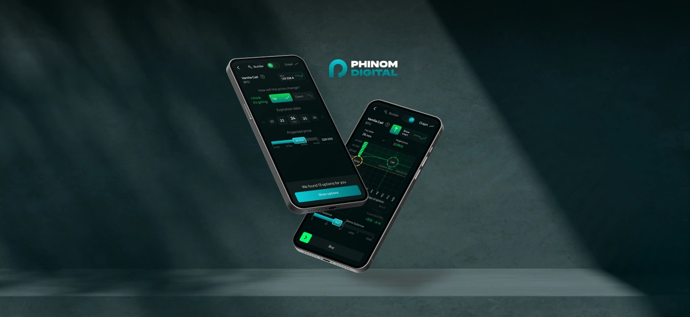 Два телефона Phinom в тёмно-зелёной каменной сцене с тенями растений: builder крипто-опциона и график в неоновой мяте