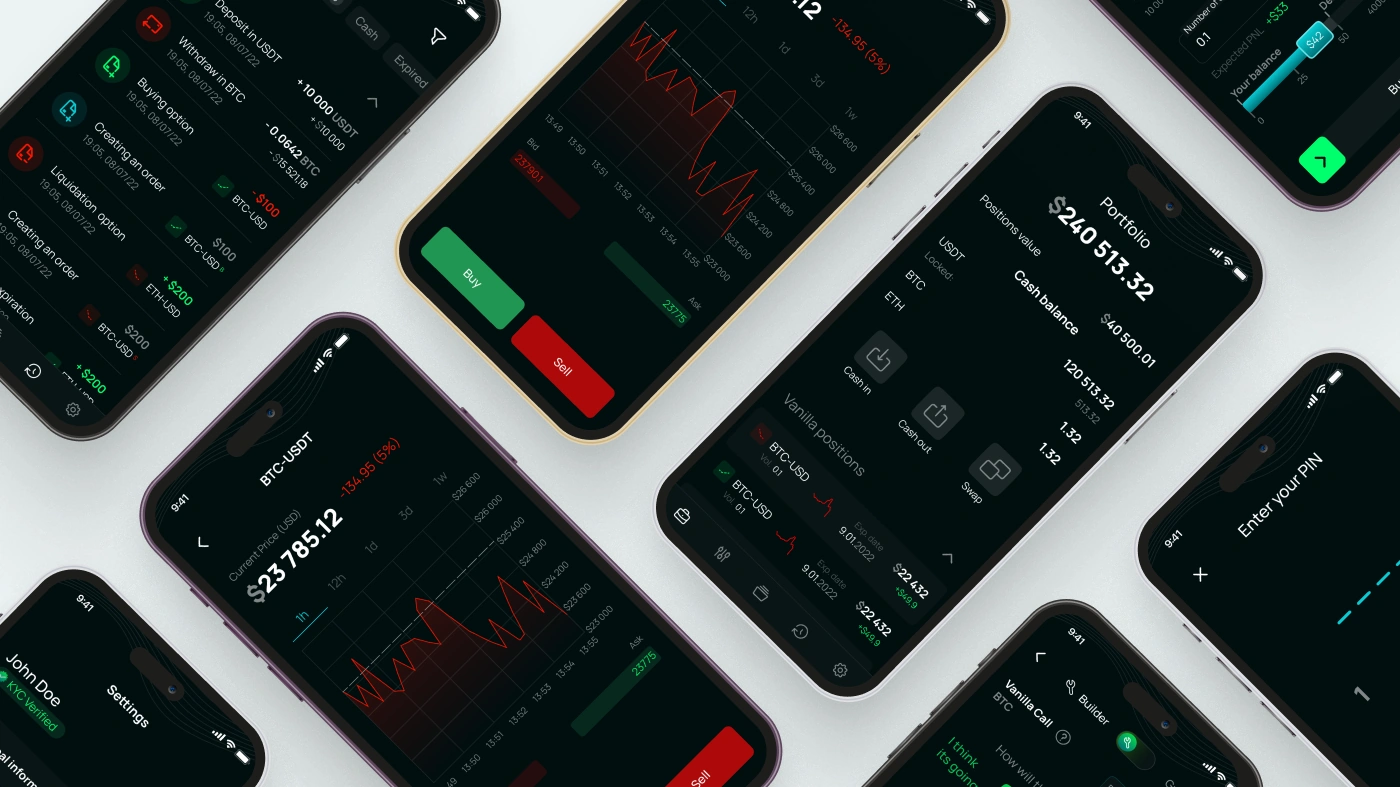 Изометрия мобильных экранов Phinom: портфель, свечные графики BTC-USDT, кнопки Buy и Sell, заявки и ввод PIN