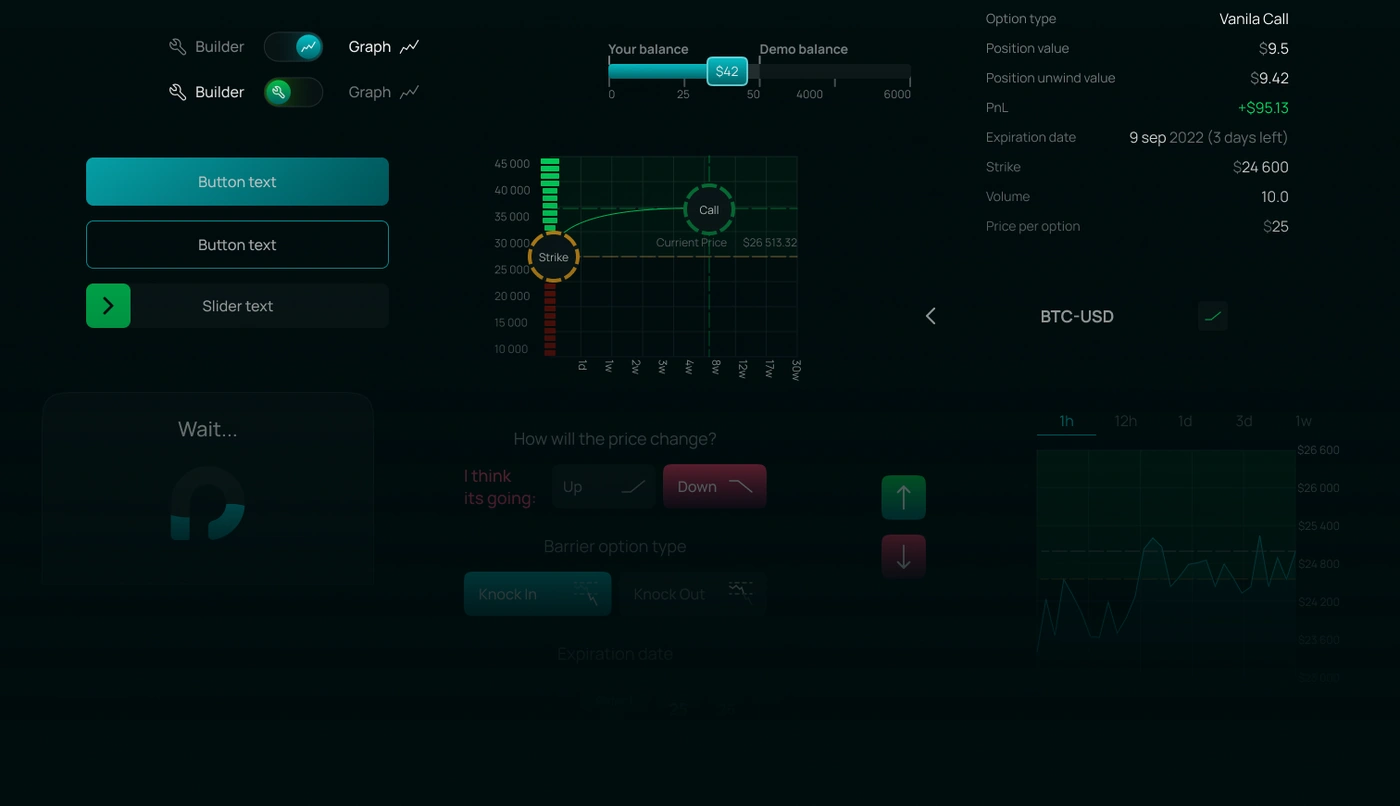 UI kit Phinom: переключатели Builder и Graph, кнопки, слайдер баланса, график со страйком, карточка позиции Vanila Call и builder опциона