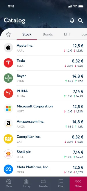 Каталог инвестиций Quancy: акции Apple, Tesla, Bayer с ценами и динамикой