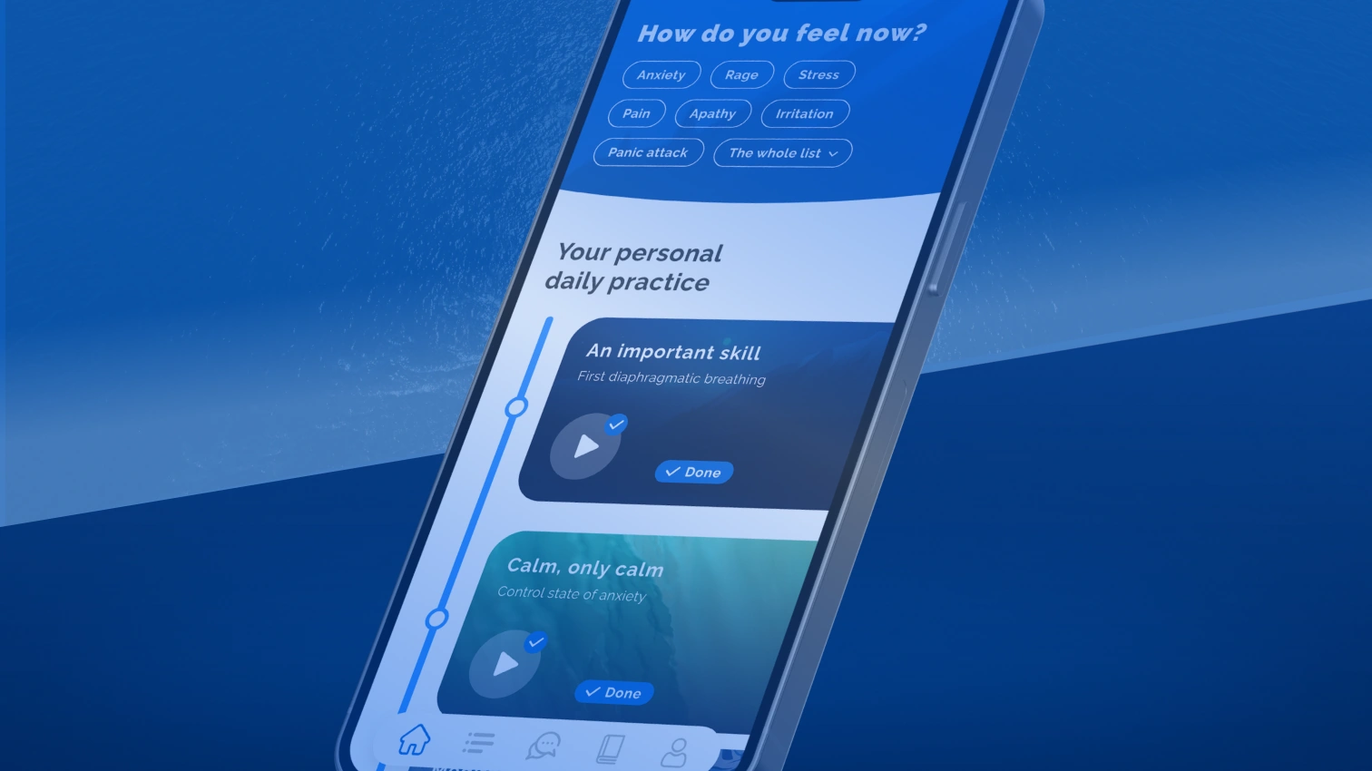Крупный наклонённый телефон Regulation над синим океаном: чек-ин «How do you feel now?» и лента персональной ежедневной практики
